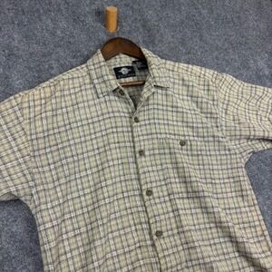Santana Mens Large Plaid Button Down Shirt Short Sleeve Cotton Tan Gray RN 63371